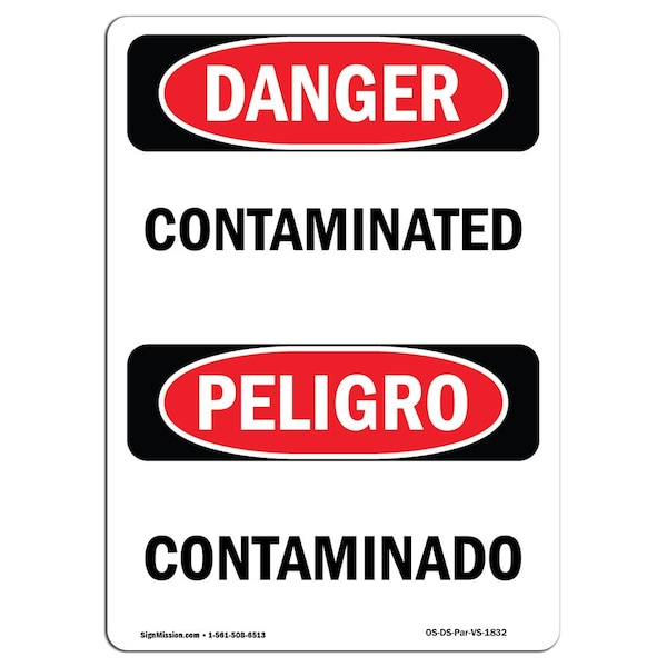 Safety Sign, OSHA Danger, 5" Height, Contaminated, Bilingual Spanish, 10PK